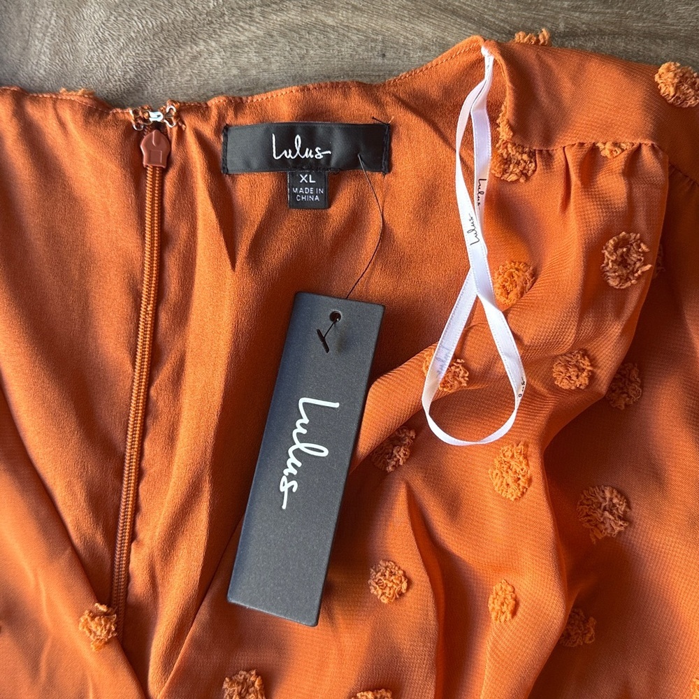 Lulus Always on Repeat Rust Orange Clip Dot Long Sleeve Mini Dress XL NWT - Picture 7 of 9